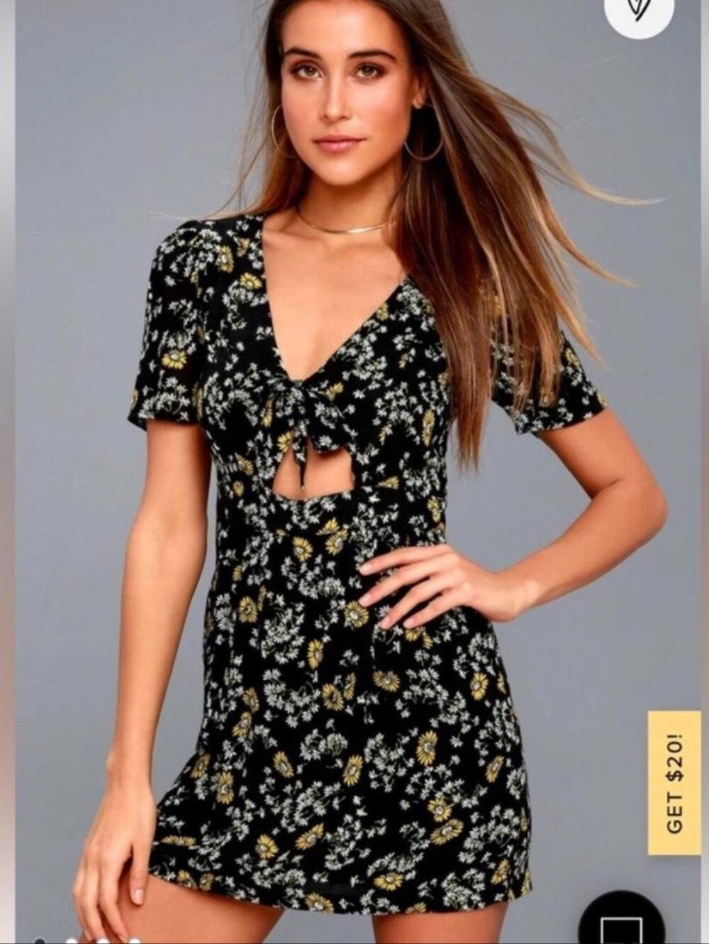 Free People Black Floral Tie-Front Dress with Shorts And Yellow Daisy Printโ